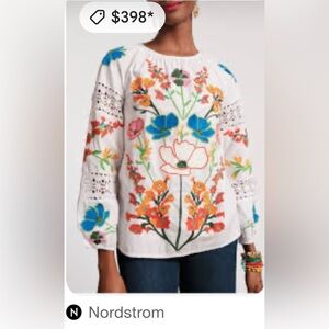 Francis Valentine Embroidered White Floral Peasant Blouse Medium